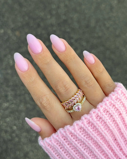 Pink Press on Nails Medium Almond Shaped Gradient Fake Nails with Glue Glossy False Nails Reusable Acrylic False Nails Full Cover Stick on Nails for Women and Girls Nail Art Decorations